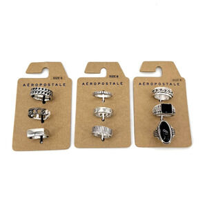 Aeropostale Set Of 9 Silver & Black Tone Stackable Rings New On Card Size 8